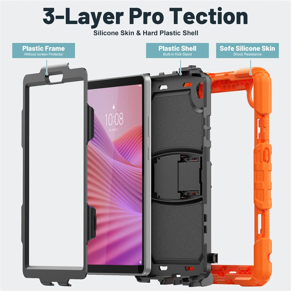 For Lenovo Tab K9 TB305FU Case with Shoulder Strap Kickstand PC + Silicone Shockproof Tablet Cover - Orange - Image 5