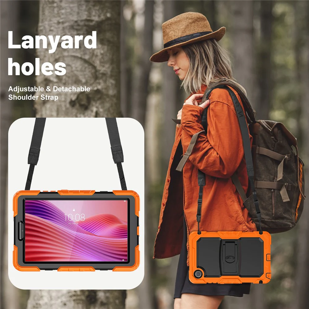 For Lenovo Tab K9 TB305FU Case with Shoulder Strap Kickstand PC + Silicone Shockproof Tablet Cover - Orange - Image 8