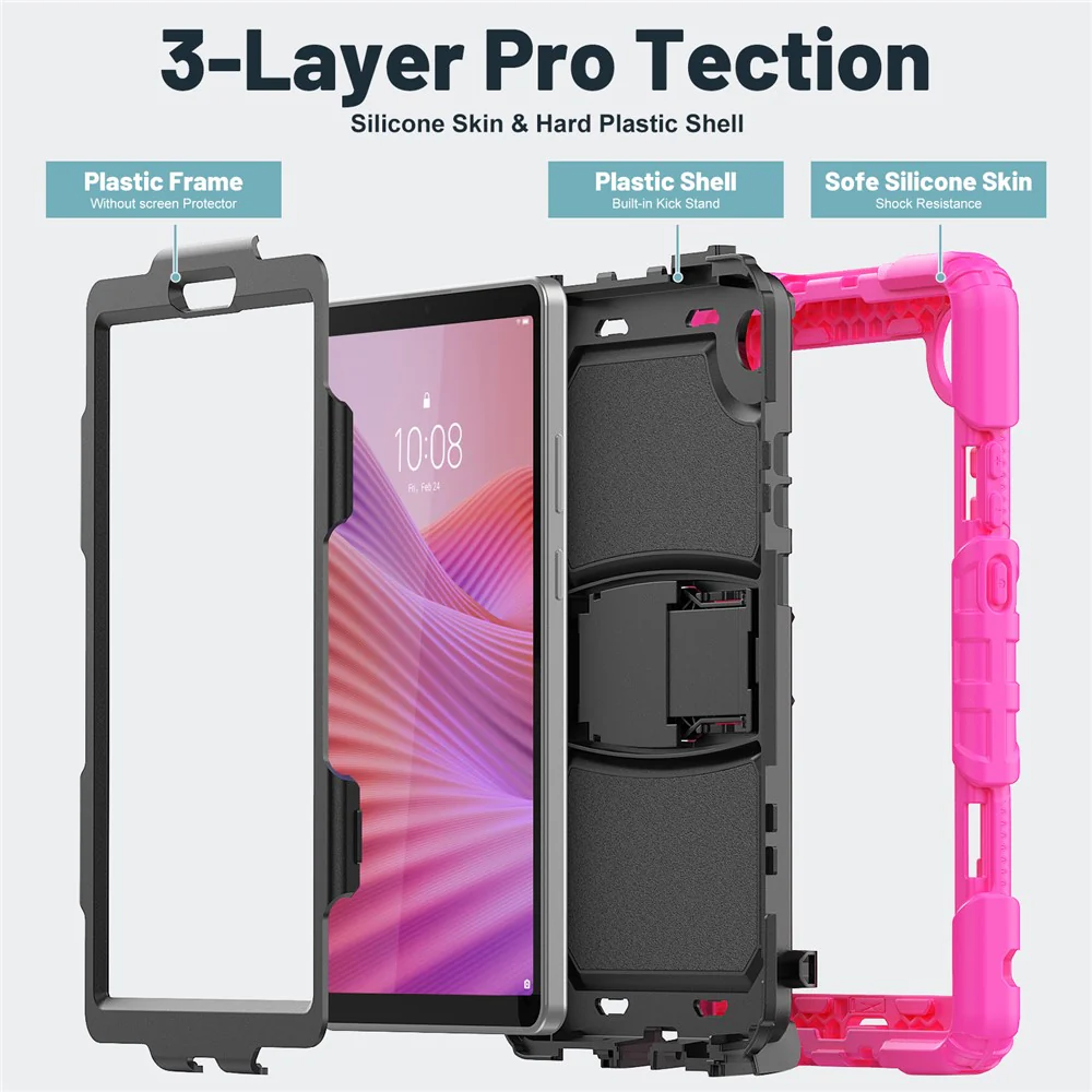 For Lenovo Tab K9 TB305FU Case with Shoulder Strap Kickstand PC + Silicone Shockproof Tablet Cover - Rose - Image 5