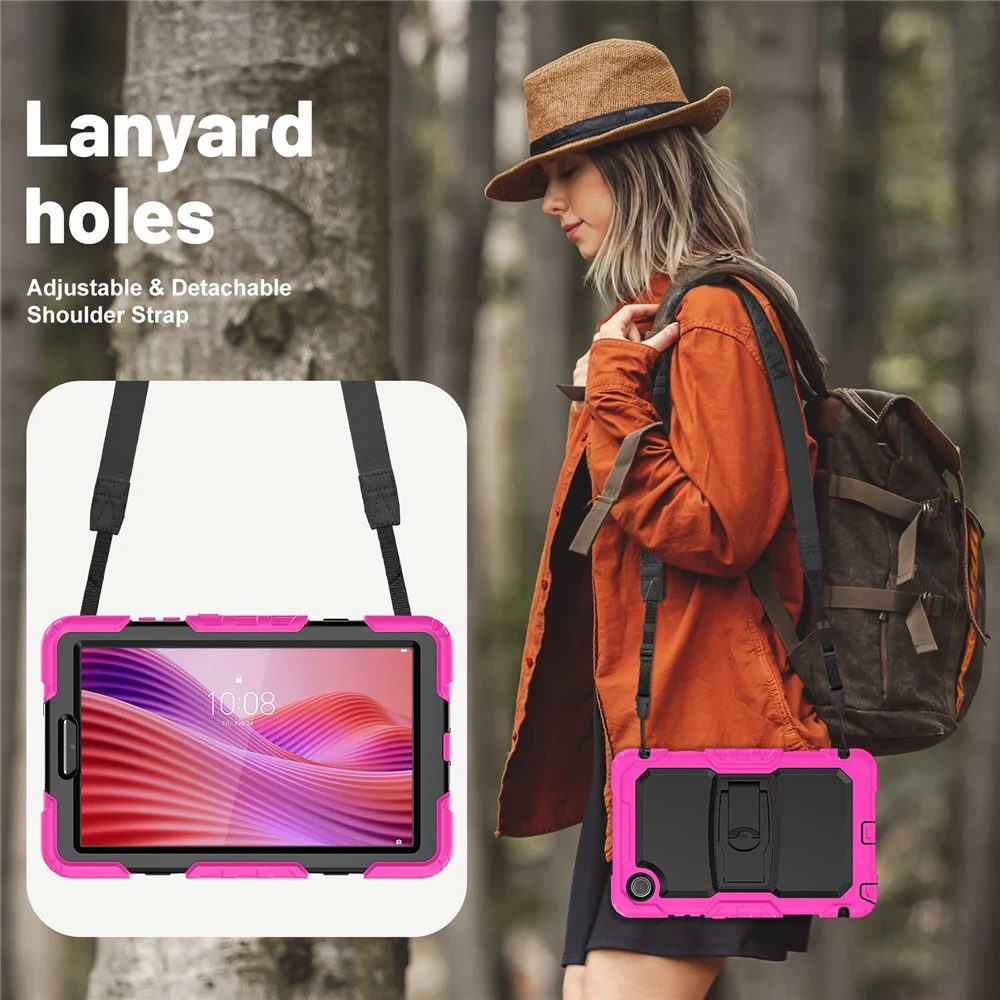 For Lenovo Tab K9 TB305FU Case with Shoulder Strap Kickstand PC + Silicone Shockproof Tablet Cover - Rose - Image 8