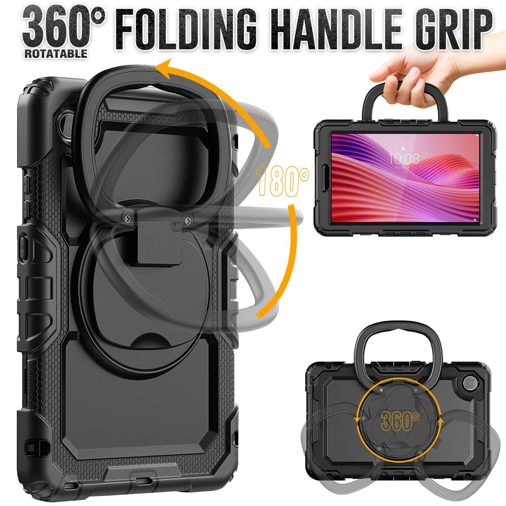 For Lenovo Tab K9 TB305FU Kickstand Case PC + Silicone Tablet Cover with Shoulder Strap - Black - Image 3