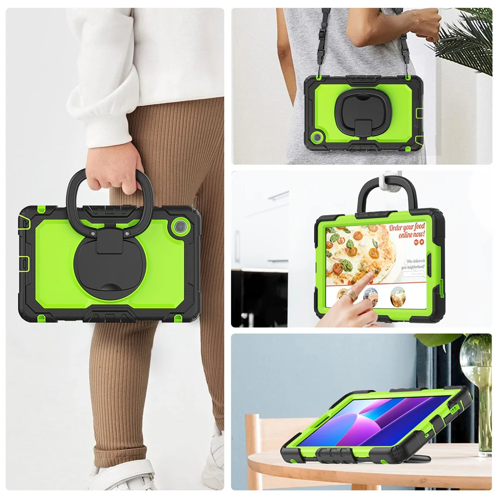 For Lenovo Tab K9 TB305FU Kickstand Case PC + Silicone Tablet Cover with Shoulder Strap - Black / Yellowgreen - Image 6