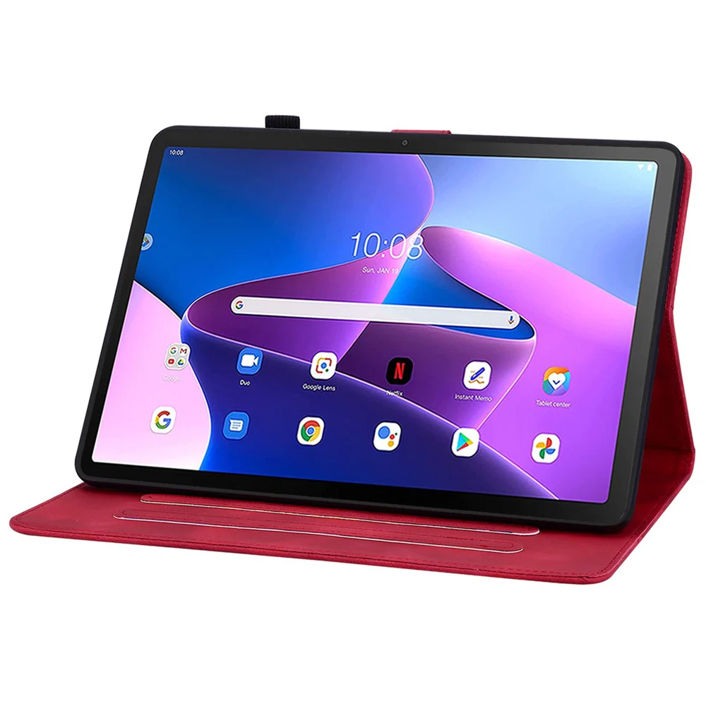 For Lenovo Tab M10 (Gen 3) Case Card Holder PU Leather Lily Flower Tablet Cover - Red - Image 3