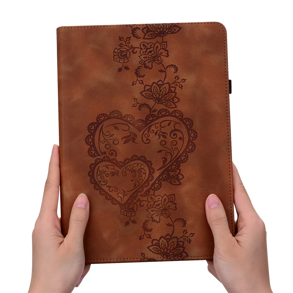 For Lenovo Tab M10 (Gen 3) Leather Case Heart Imprint Foldable Stand Card Slot Stylus Holder Tablet Cover - Brown - Image 6