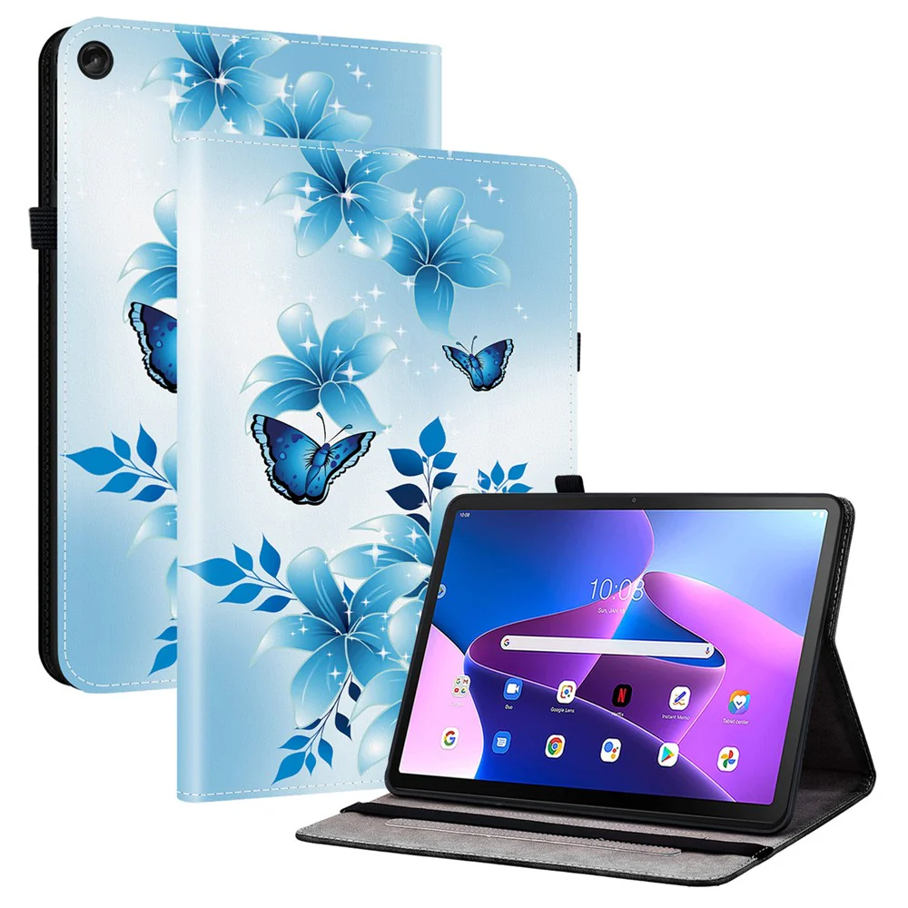 For Lenovo Tab M10 (Gen 3) Leather Case Pattern Printed Stand Tablet Cover with Card Slots - Blue Butterfly