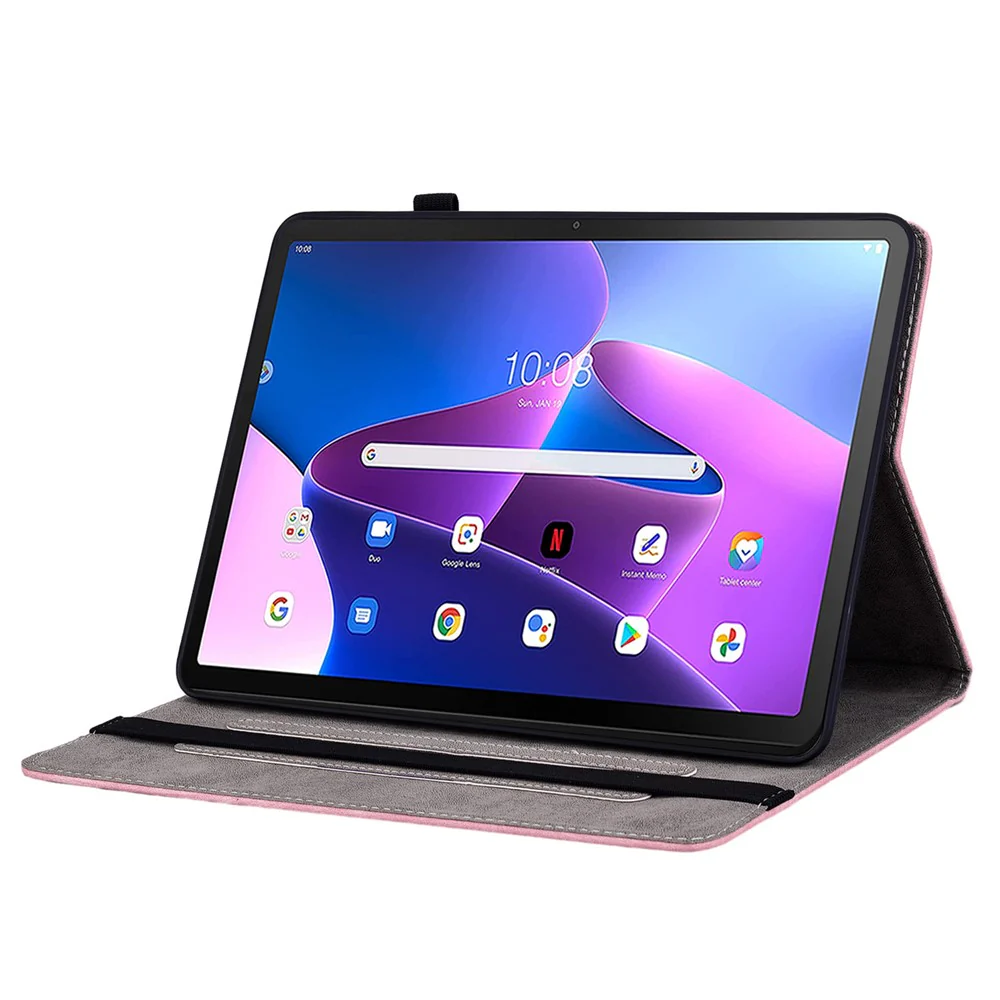 For Lenovo Tab M10 (Gen 3) Shockproof PU Leather Case Imprinted Design Stand Tablet Cover with Pen Holder - Pink - Image 3
