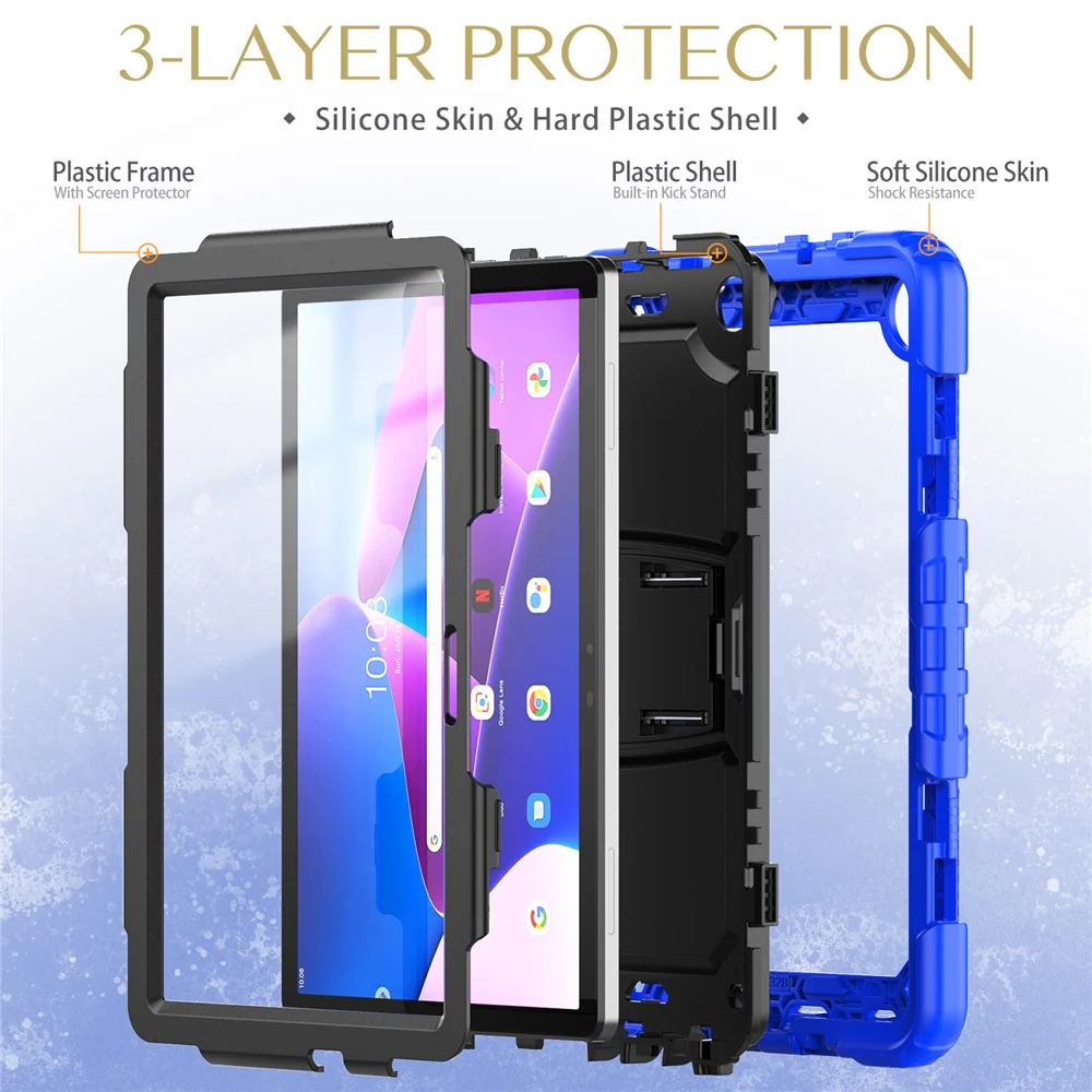 For Lenovo Tab M10 (Gen 3) TB-328F Anti-Scratch Silicone+PC Tablet Case Kickstand Cover with Strap - Blue - Image 6