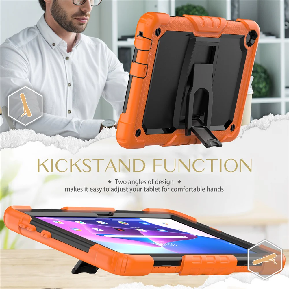 For Lenovo Tab M10 (Gen 3) TB-328F Anti-Scratch Silicone+PC Tablet Case Kickstand Cover with Strap - Orange - Image 4