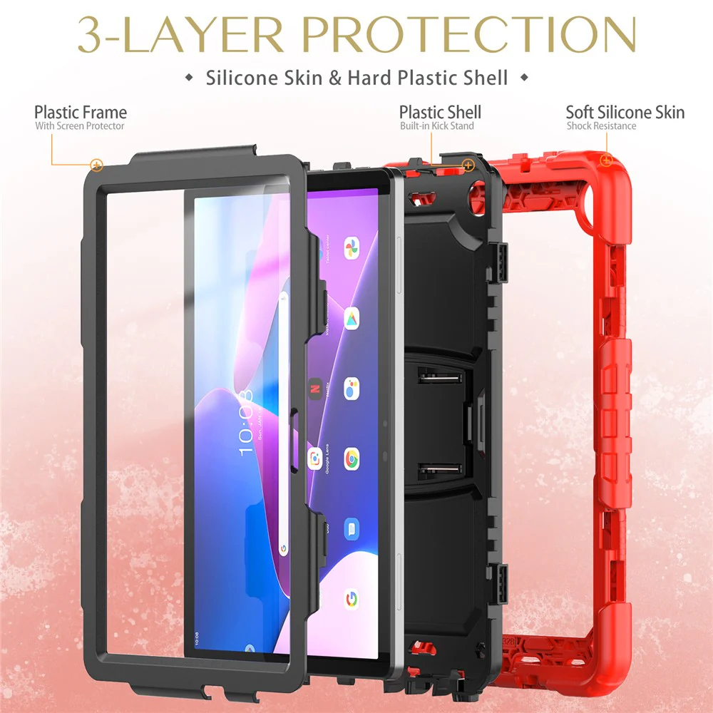For Lenovo Tab M10 (Gen 3) TB-328F Anti-Scratch Silicone+PC Tablet Case Kickstand Cover with Strap - Red - Image 6