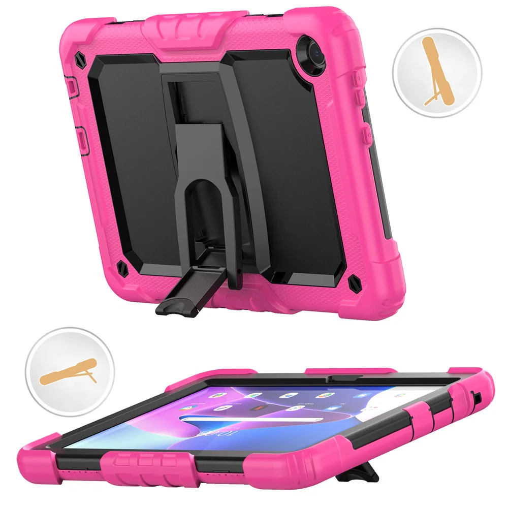 For Lenovo Tab M10 (Gen 3) TB-328F Anti-Scratch Silicone+PC Tablet Case Kickstand Cover with Strap - Rose - Image 3