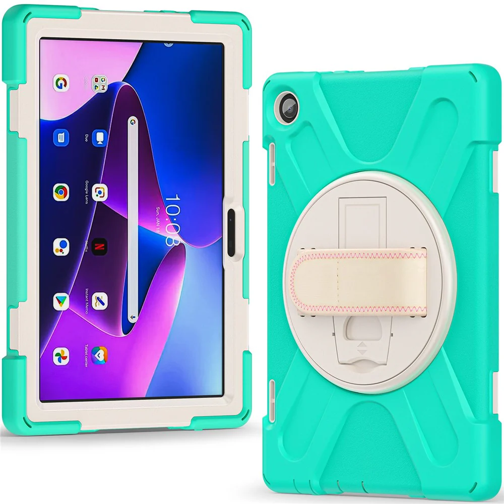 For Lenovo Tab M10 (Gen 3) TB-328FU / TB-328XU Kickstand 360 Degree Rotation Hand Strap Tablet Case PC + Silicone Protective Cover - Mint Green - Image 3