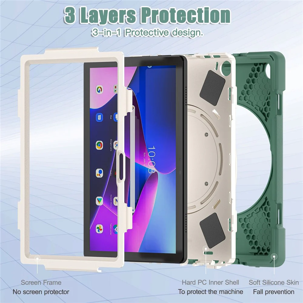 For Lenovo Tab M10 (Gen 3) TB-328FU / TB-328XU PC + Silicone Tablet Case Hand Grip Rotary Kickstand Drop-proof Protective Cover - Dark Green - Image 7