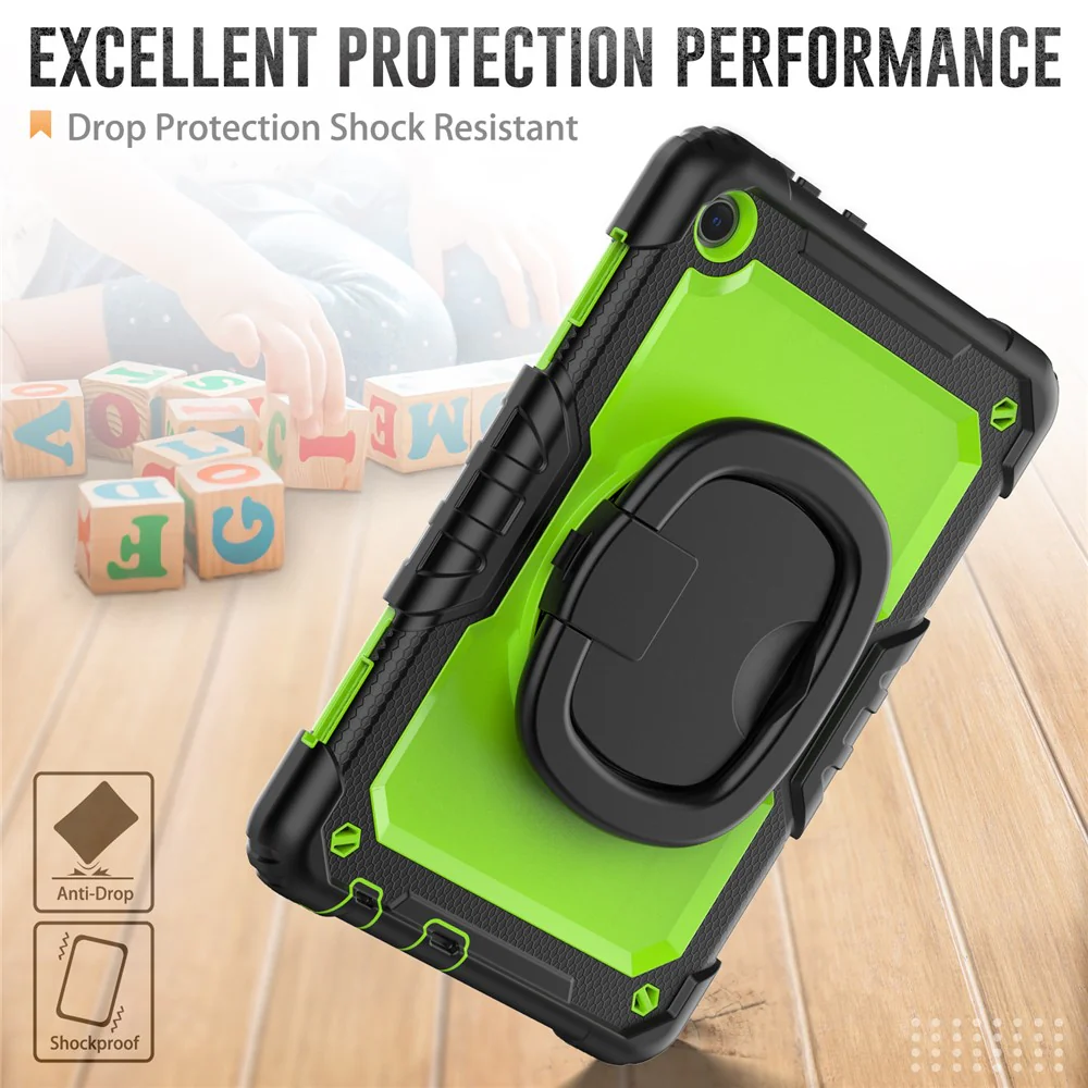 For Lenovo Tab M10 (Gen 3) TB-328FU / TB-328XU PC + Silicone Tablet Cover 360-Degree Rotating Kickstand Anti-drop Case with Shoulder Strap - Black / Lime PC - Image 4