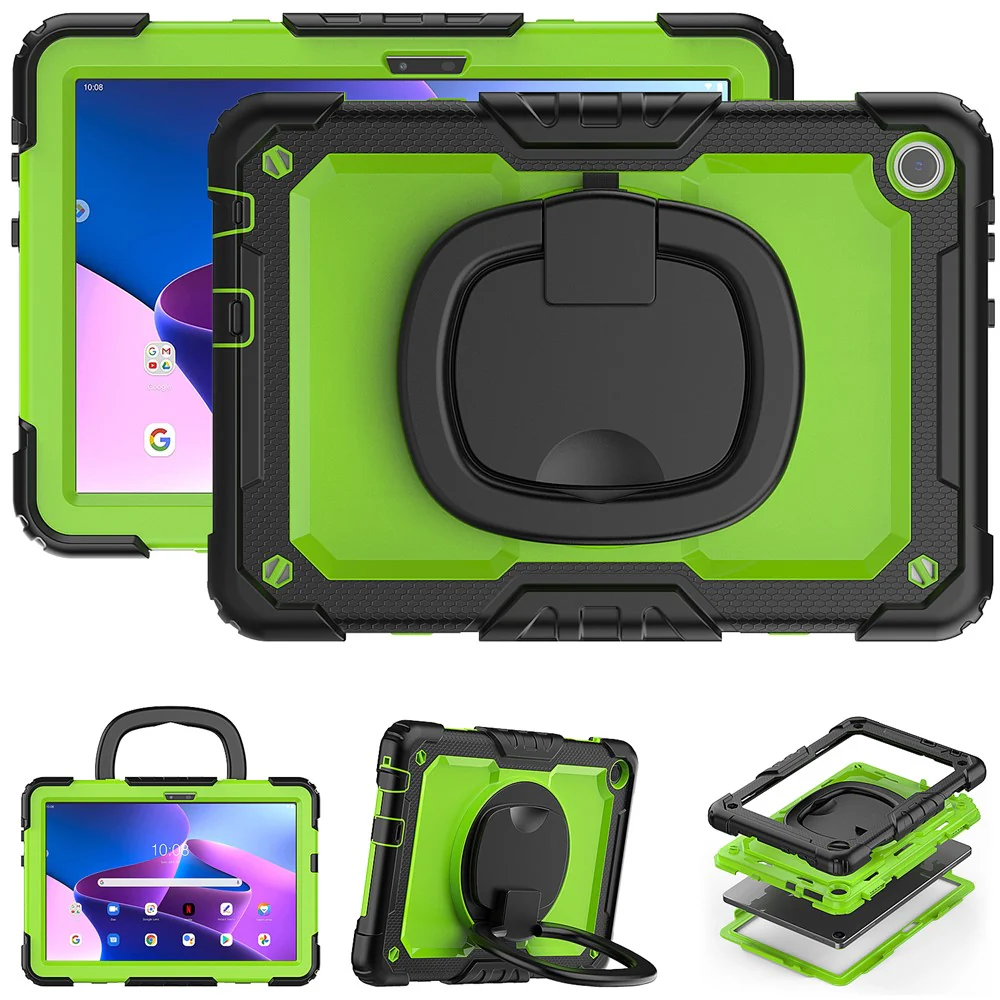 For Lenovo Tab M10 (Gen 3) TB-328FU / TB-328XU PC + Silicone Tablet Cover 360-Degree Rotating Kickstand Anti-drop Case with Shoulder Strap - Black / Lime PC - Image 6