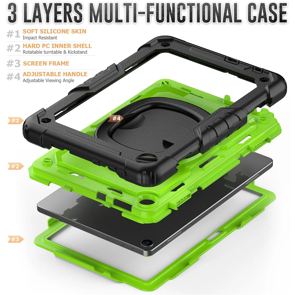 For Lenovo Tab M10 (Gen 3) TB-328FU / TB-328XU PC + Silicone Tablet Cover 360-Degree Rotating Kickstand Anti-drop Case with Shoulder Strap - Black / Lime PC - Image 8