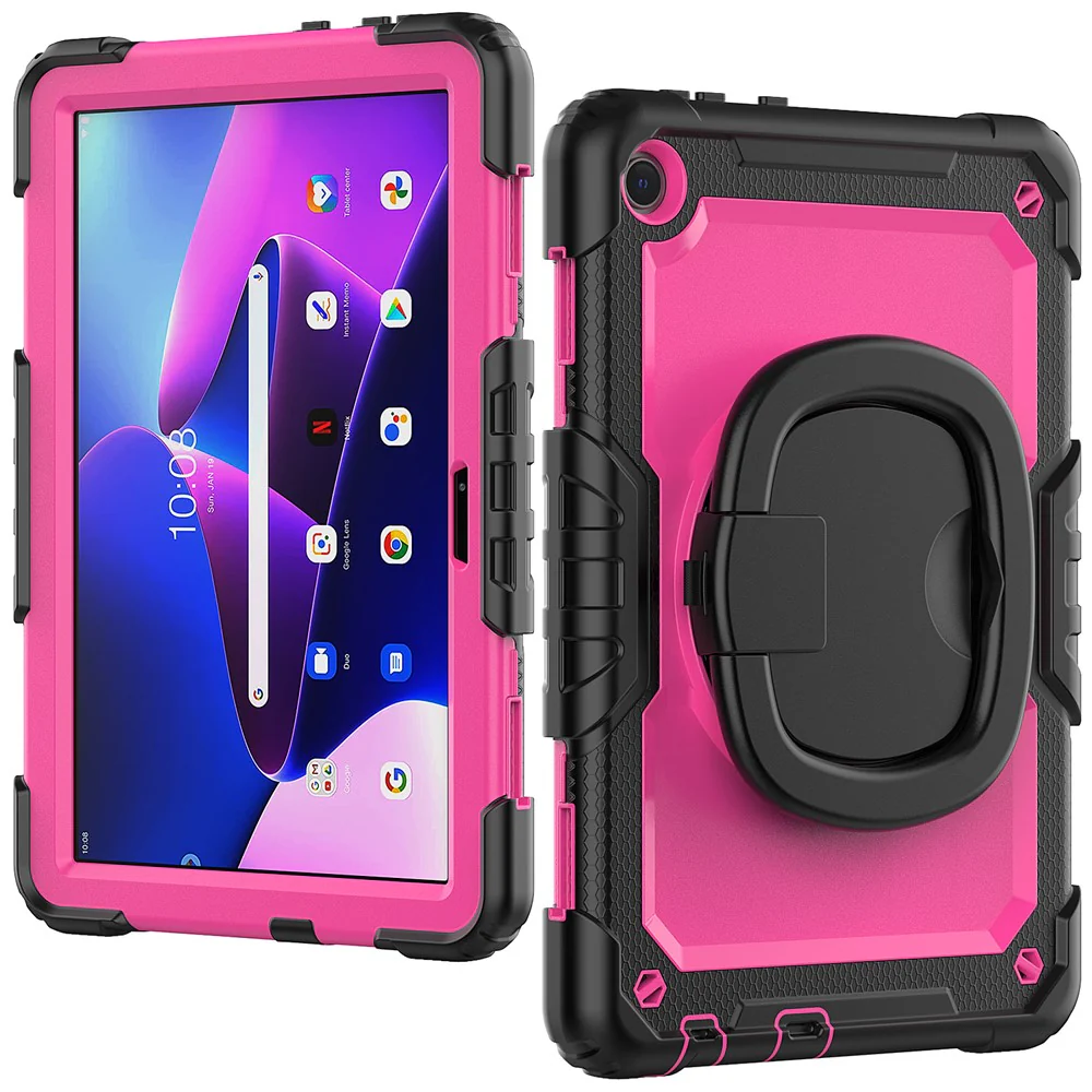 For Lenovo Tab M10 (Gen 3) TB-328FU / TB-328XU PC + Silicone Tablet Cover 360-Degree Rotating Kickstand Anti-drop Case with Shoulder Strap - Black / Rose PC - Image 2
