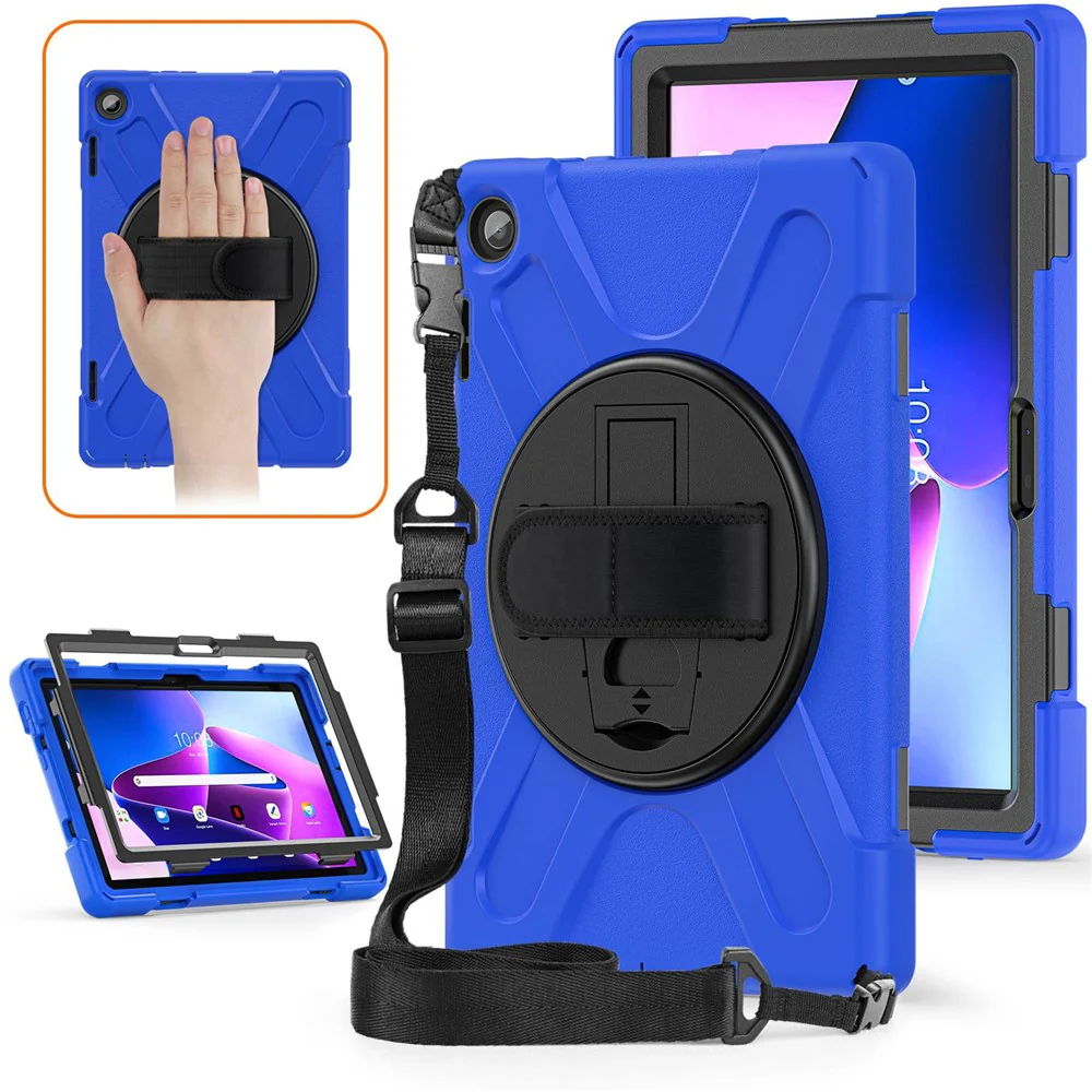 For Lenovo Tab M10 (Gen 3) TB-328FU / TB-328XU Rotary Hand Strap Kickstand Tablet Case PC + Silicone Shockproof Cover with Shoulder Strap - Blue - Image 4