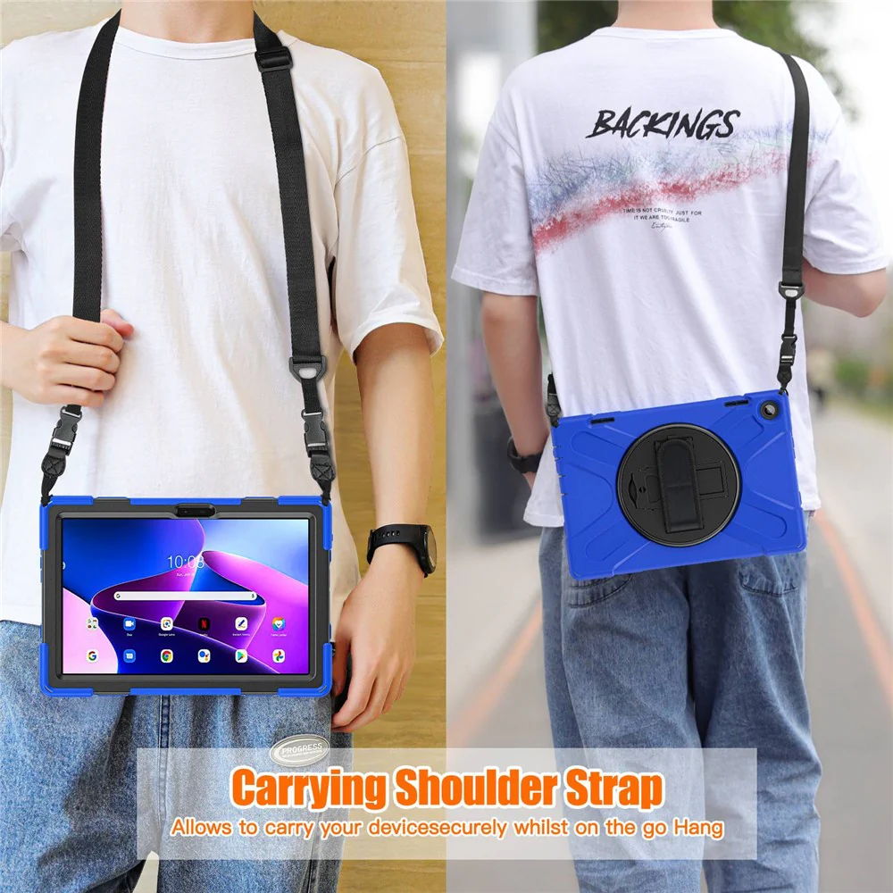For Lenovo Tab M10 (Gen 3) TB-328FU / TB-328XU Rotary Hand Strap Kickstand Tablet Case PC + Silicone Shockproof Cover with Shoulder Strap - Blue - Image 6