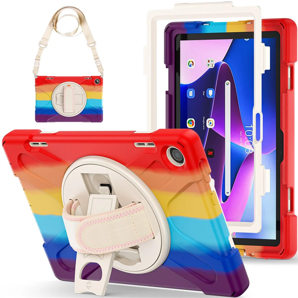 For Lenovo Tab M10 (Gen 3) TB-328FU / TB-328XU Rotary Hand Strap Kickstand Tablet Case PC + Silicone Shockproof Cover with Shoulder Strap - Colorful Red - Image 3