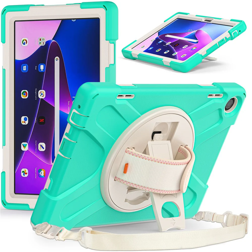 For Lenovo Tab M10 (Gen 3) TB-328FU / TB-328XU Rotary Hand Strap Kickstand Tablet Case PC + Silicone Shockproof Cover with Shoulder Strap - Mint Green - Image 2