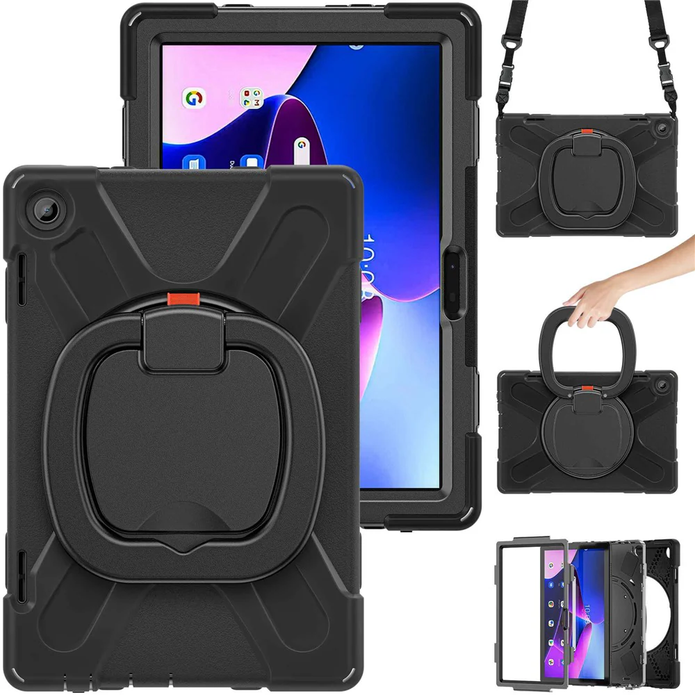 For Lenovo Tab M10 (Gen 3) TB-328FU / TB-328XU Rotary Kickstand Tablet Case PC + Silicone Anti-drop Hybrid Cover with Shoulder Strap - Black - Image 3