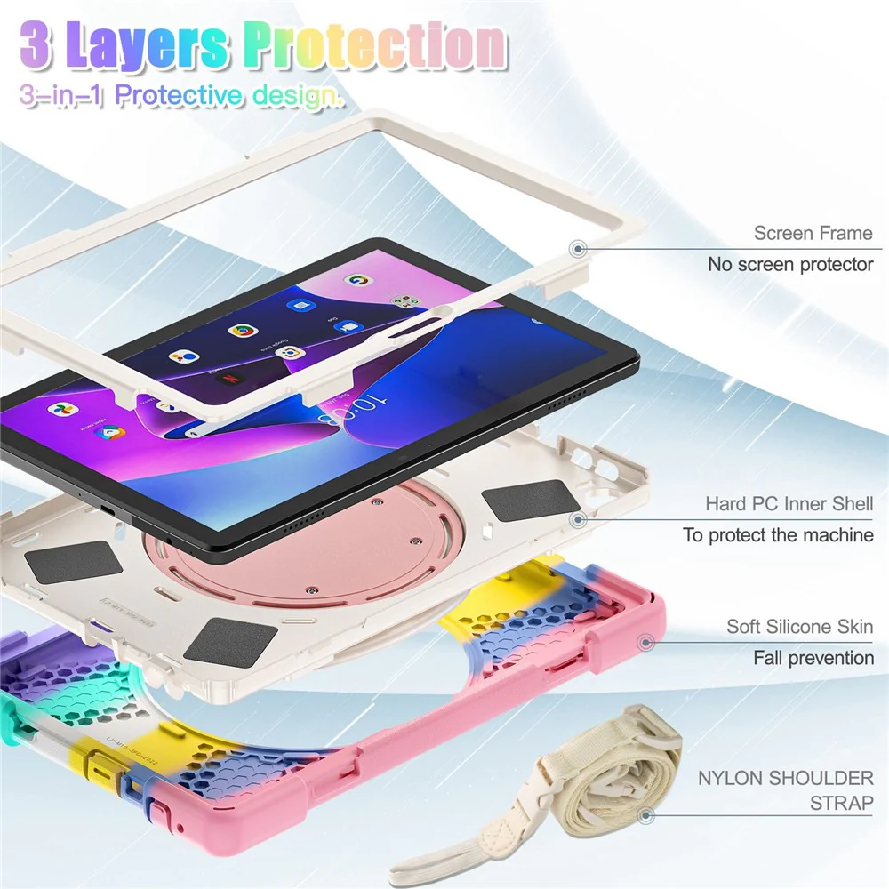 For Lenovo Tab M10 (Gen 3) TB-328FU / TB-328XU Rotary Kickstand Tablet Case PC + Silicone Anti-drop Hybrid Cover with Shoulder Strap - Colorful Pink - Image 4
