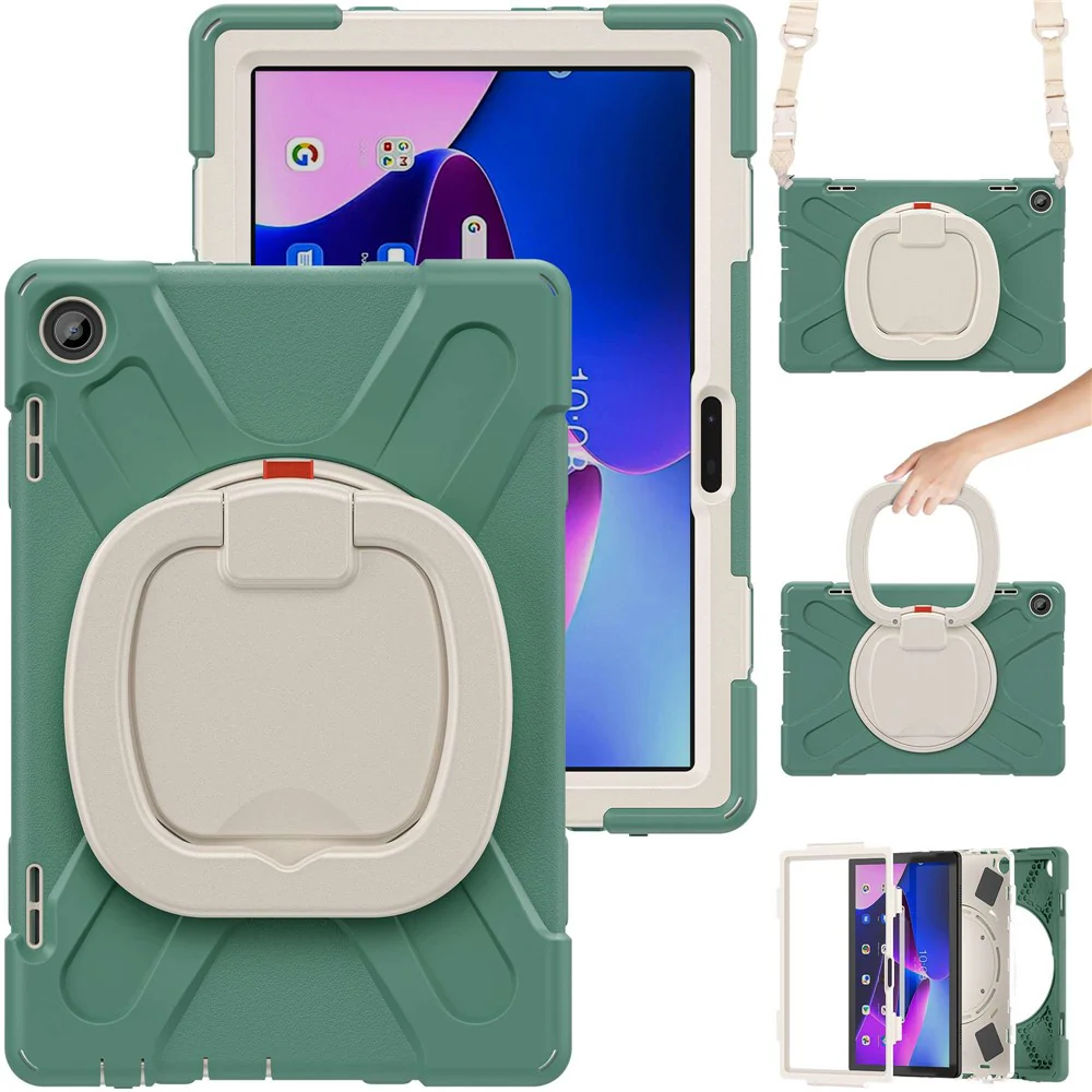 For Lenovo Tab M10 (Gen 3) TB-328FU / TB-328XU Rotary Kickstand Tablet Case PC + Silicone Anti-drop Hybrid Cover with Shoulder Strap - Dark Green - Image 3