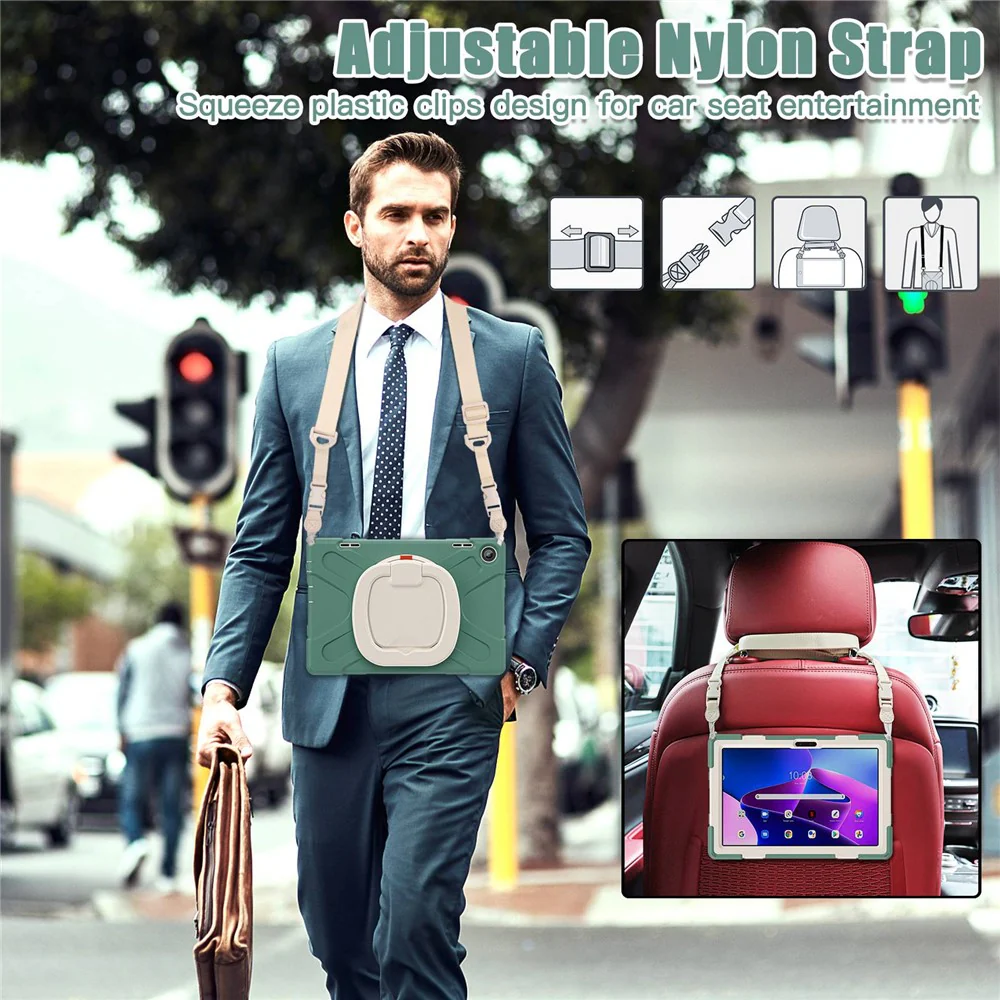 For Lenovo Tab M10 (Gen 3) TB-328FU / TB-328XU Rotary Kickstand Tablet Case PC + Silicone Anti-drop Hybrid Cover with Shoulder Strap - Dark Green - Image 5