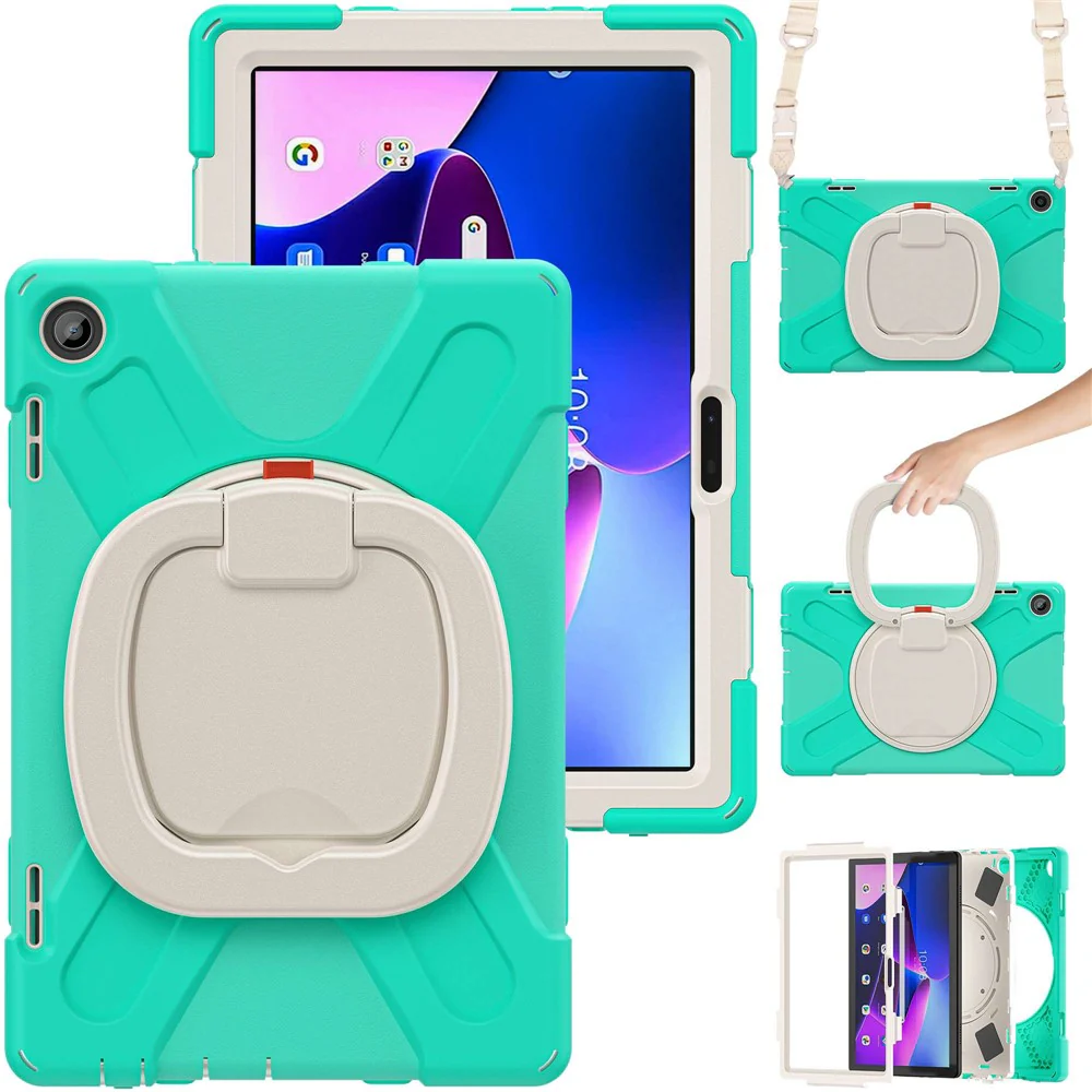 For Lenovo Tab M10 (Gen 3) TB-328FU / TB-328XU Rotary Kickstand Tablet Case PC + Silicone Anti-drop Hybrid Cover with Shoulder Strap - Mint Green - Image 3