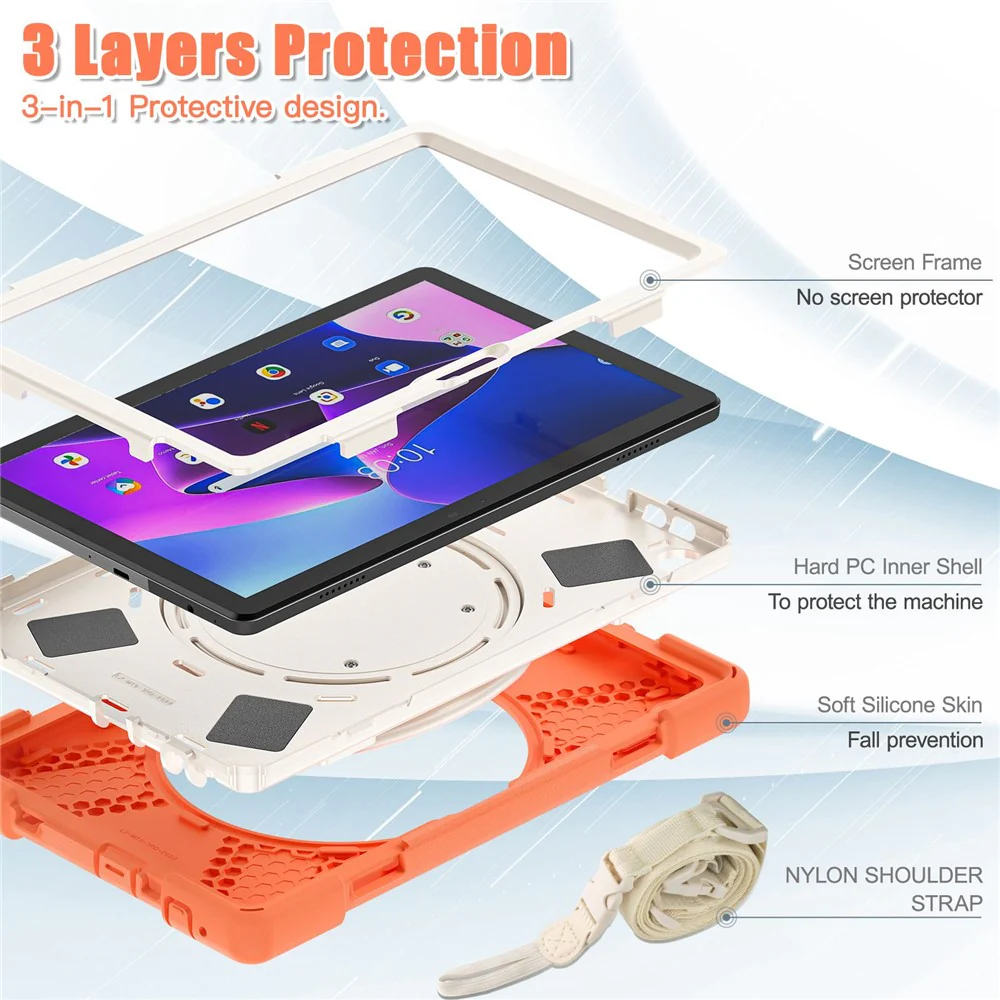 For Lenovo Tab M10 (Gen 3) TB-328FU / TB-328XU Rotary Kickstand Tablet Case PC + Silicone Anti-drop Hybrid Cover with Shoulder Strap - Orange - Image 4
