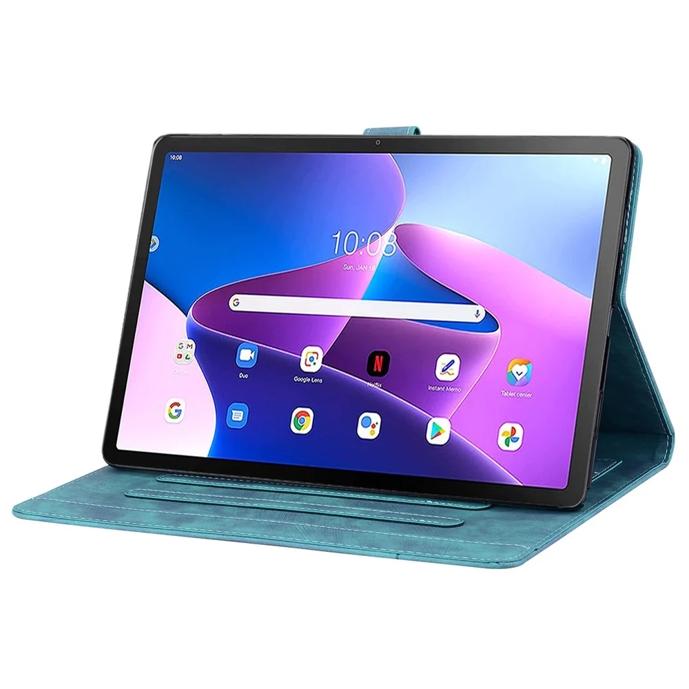 For Lenovo Tab M10 (Gen 3) TB-328XU / TB-328FU PU Leather Stand Tablet Case Imprinted Flower Cat Card Holder Cover - Green - Image 3