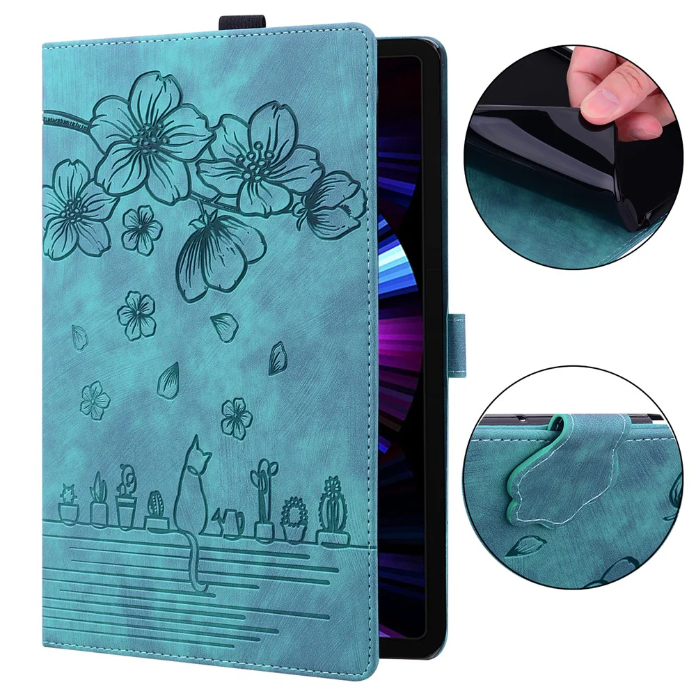 For Lenovo Tab M10 (Gen 3) TB-328XU / TB-328FU PU Leather Stand Tablet Case Imprinted Flower Cat Card Holder Cover - Green - Image 4