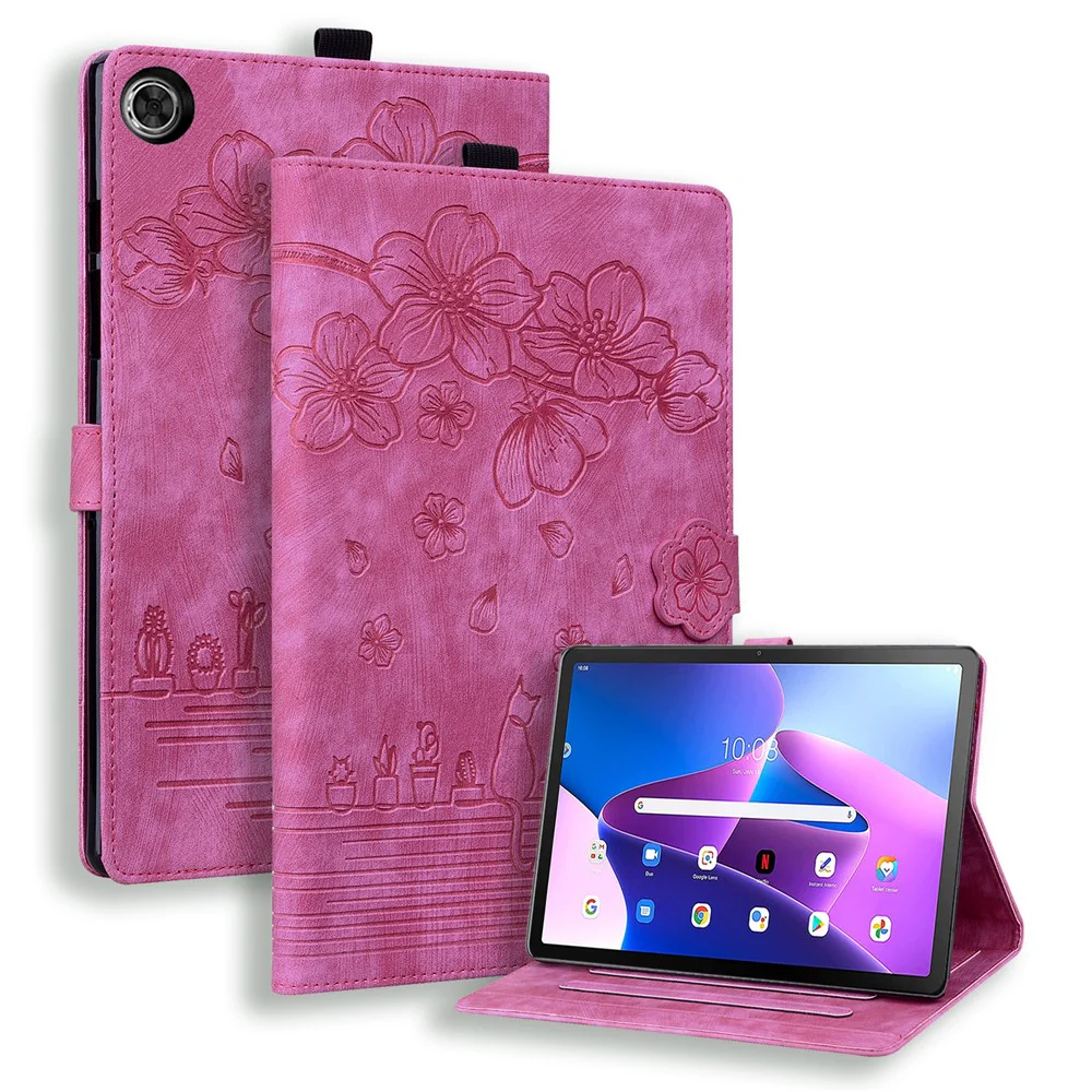 For Lenovo Tab M10 (Gen 3) TB-328XU / TB-328FU PU Leather Stand Tablet Case Imprinted Flower Cat Card Holder Cover - Rose