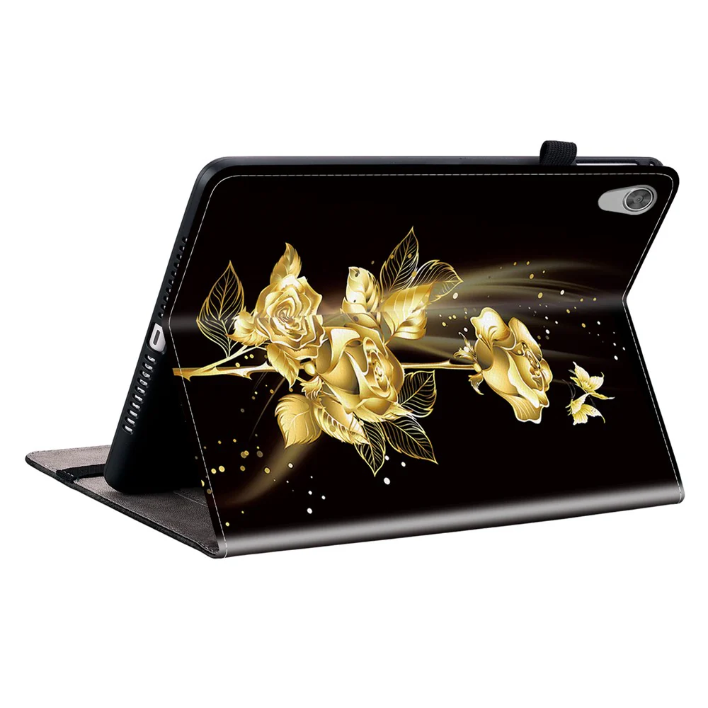 For Lenovo Tab M10 HD Gen 2 Case Pattern PU Leather Folding Folio Stand Tablet Cover - Gold Butterfly Rose - Image 3