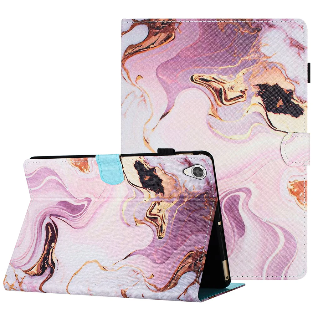 For Lenovo Tab M10 HD Gen 2 Case PU Leather Pattern Viewing Protective Cover - Gold+Pink Marble