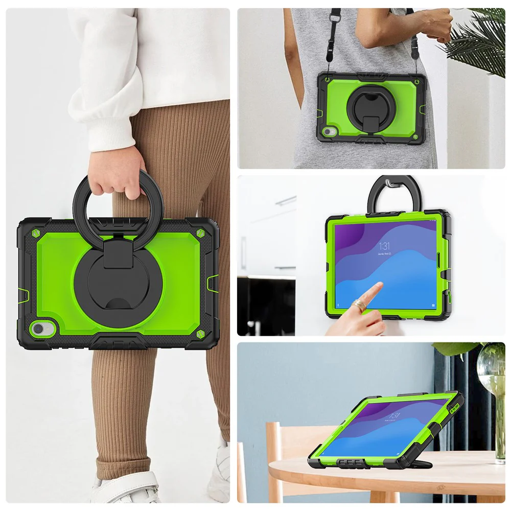 For Lenovo Tab M10 HD Gen 2 TB-306X(F) 10.1 inch Tablet Case 360-Degree Rotating Kickstand PC + Silicone Protective Cover with Shoulder Strap - Black / Lime PC - Image 7