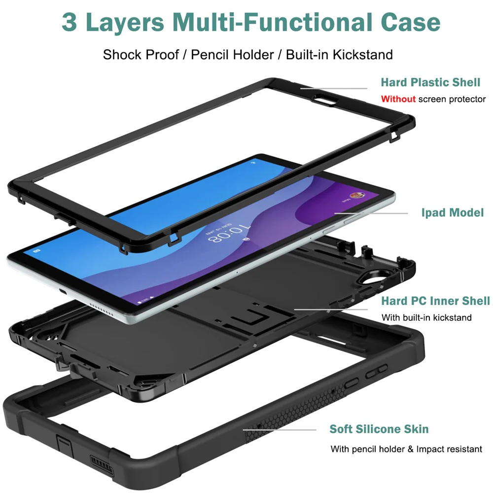 For Lenovo Tab M10 HD Gen 2 TB-X306F / TB-X306X Tablet Protective Shell Kickstand Silicone + PC Cover Case - Black - Image 3