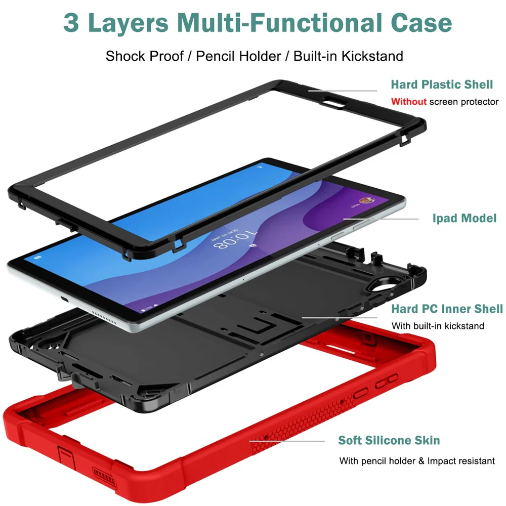 For Lenovo Tab M10 HD Gen 2 TB-X306F / TB-X306X Tablet Protective Shell Kickstand Silicone + PC Cover Case - Red+Black - Image 3