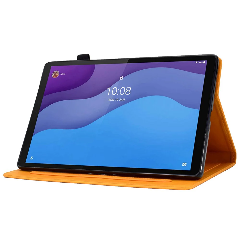 For Lenovo Tab M10 HD Gen 2 X306 10.1" PU Leather Folio Stand Case Pattern Imprinted Magnetic Clasp Smart Cover with Card Slots and Pen Holder - Orange - Image 3