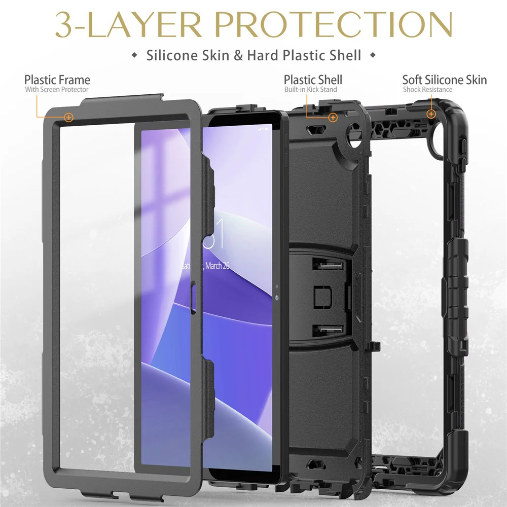 For Lenovo Tab M10 Plus (3rd Gen) 125FU / 128FU / Xiaoxin Pad 2022 10.6 inch Silicone+PC Tablet Cover Kickstand Case with Strap - Black - Image 6