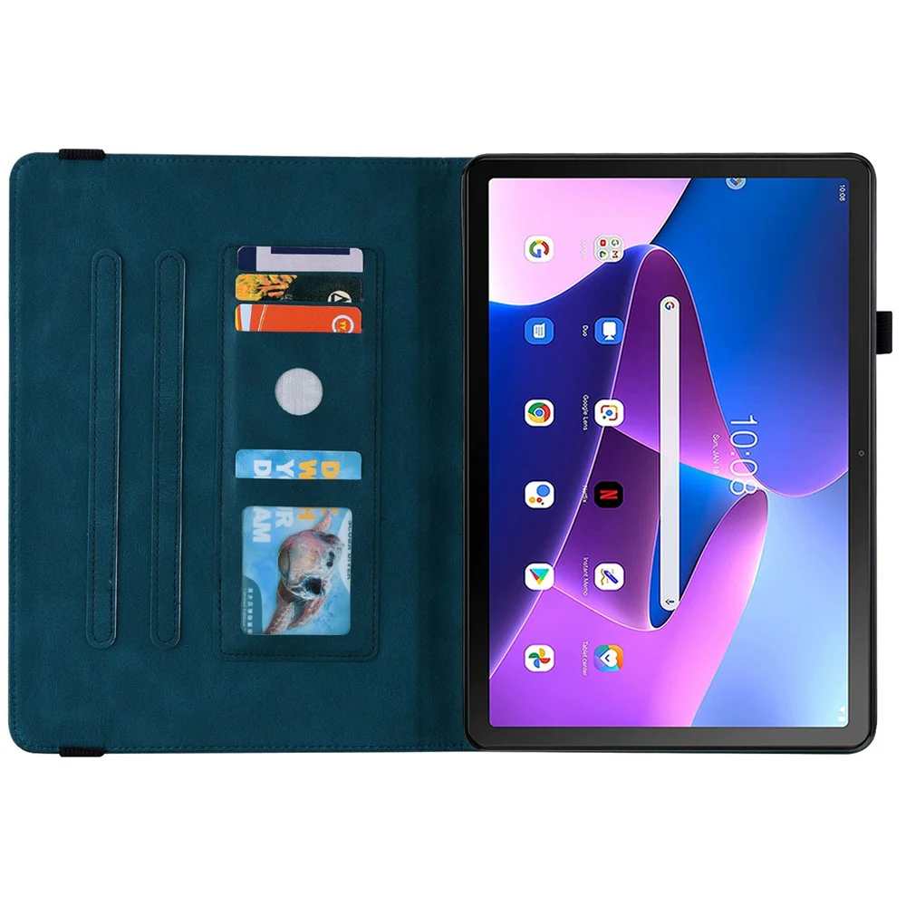 For Lenovo Tab M10 Plus (3rd Gen) Butterfly Flower Imprinted Card Slot PU Leather Tablet Case Stand Cover with Elastic Band - Blue - Image 3