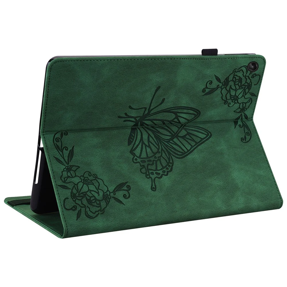 For Lenovo Tab M10 Plus (3rd Gen) Butterfly Flower Imprinted Card Slot PU Leather Tablet Case Stand Cover with Elastic Band - Green - Image 4