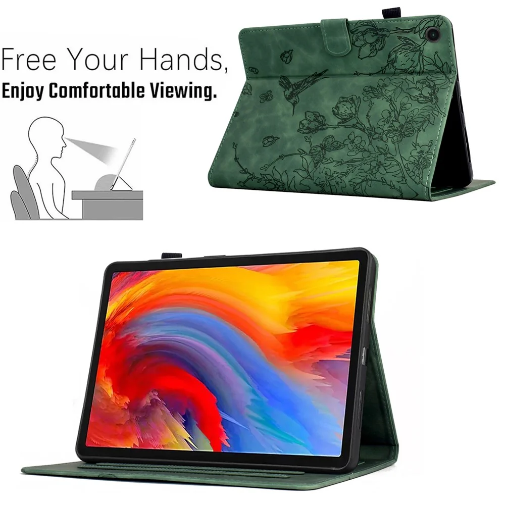 For Lenovo Tab M10 Plus (3rd Gen) Case Flower Bird Imprinted Card Holder Leather Tablet Cover - Green - Image 6