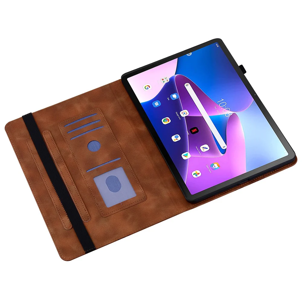 For Lenovo Tab M10 Plus (3rd Gen) Leather Case Heart Imprint Foldable Stand Card Slot Stylus Holder Tablet Cover - Brown - Image 2