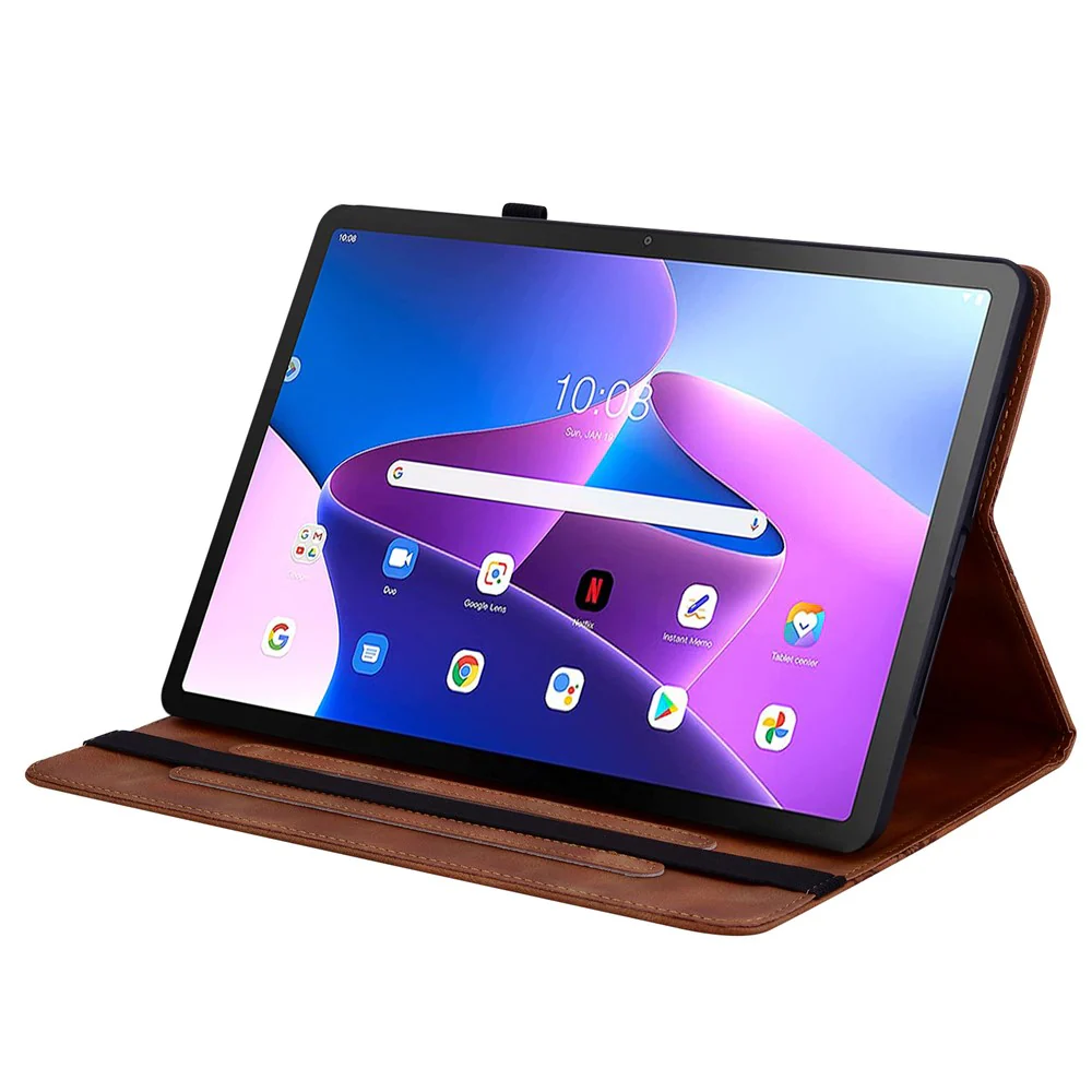 For Lenovo Tab M10 Plus (3rd Gen) Leather Case Heart Imprint Foldable Stand Card Slot Stylus Holder Tablet Cover - Brown - Image 3