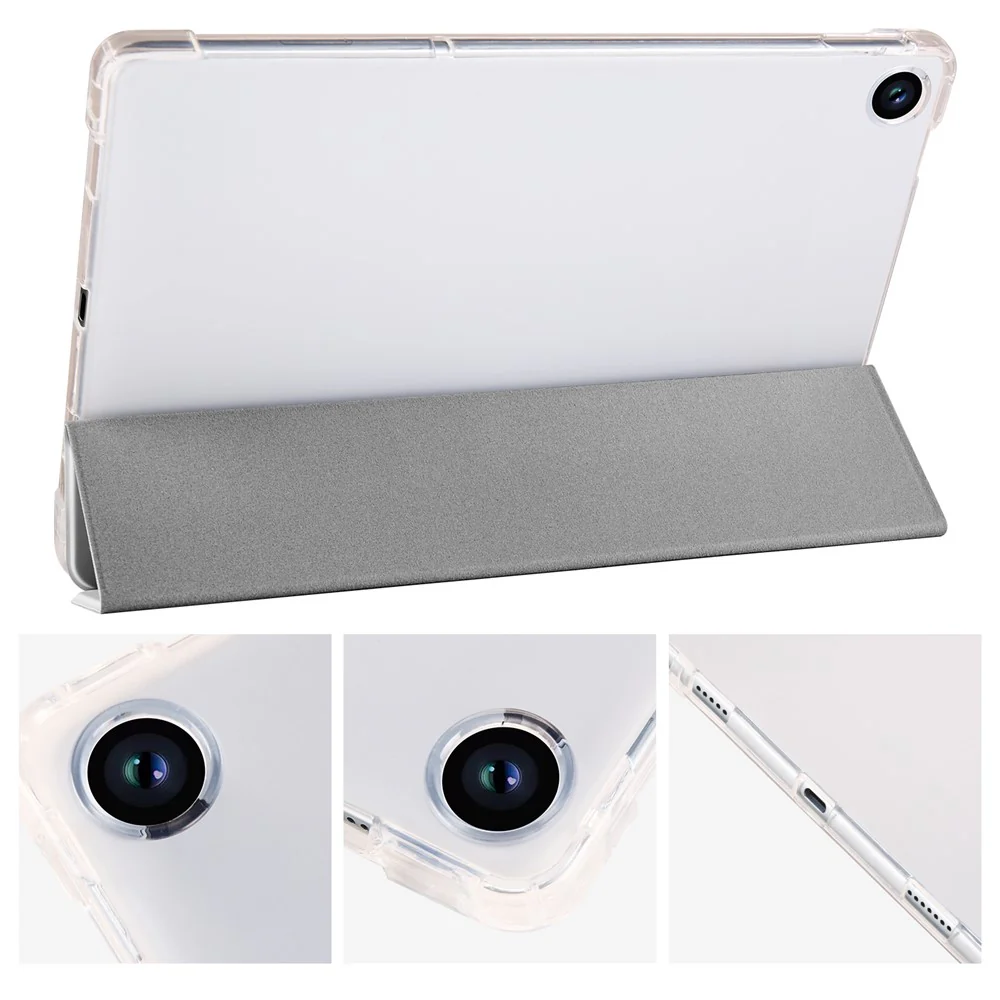 For Lenovo Tab M10 Plus (3rd Gen) Tri-Fold Stand Tablet Case Transparent Back PU Leather Flip Cover with Pencil Holder - Grey - Image 3