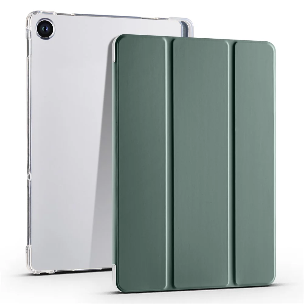 For Lenovo Tab M10 Plus (3rd Gen) Tri-Fold Stand Tablet Case Transparent Back PU Leather Flip Cover with Pencil Holder - Midnight Green