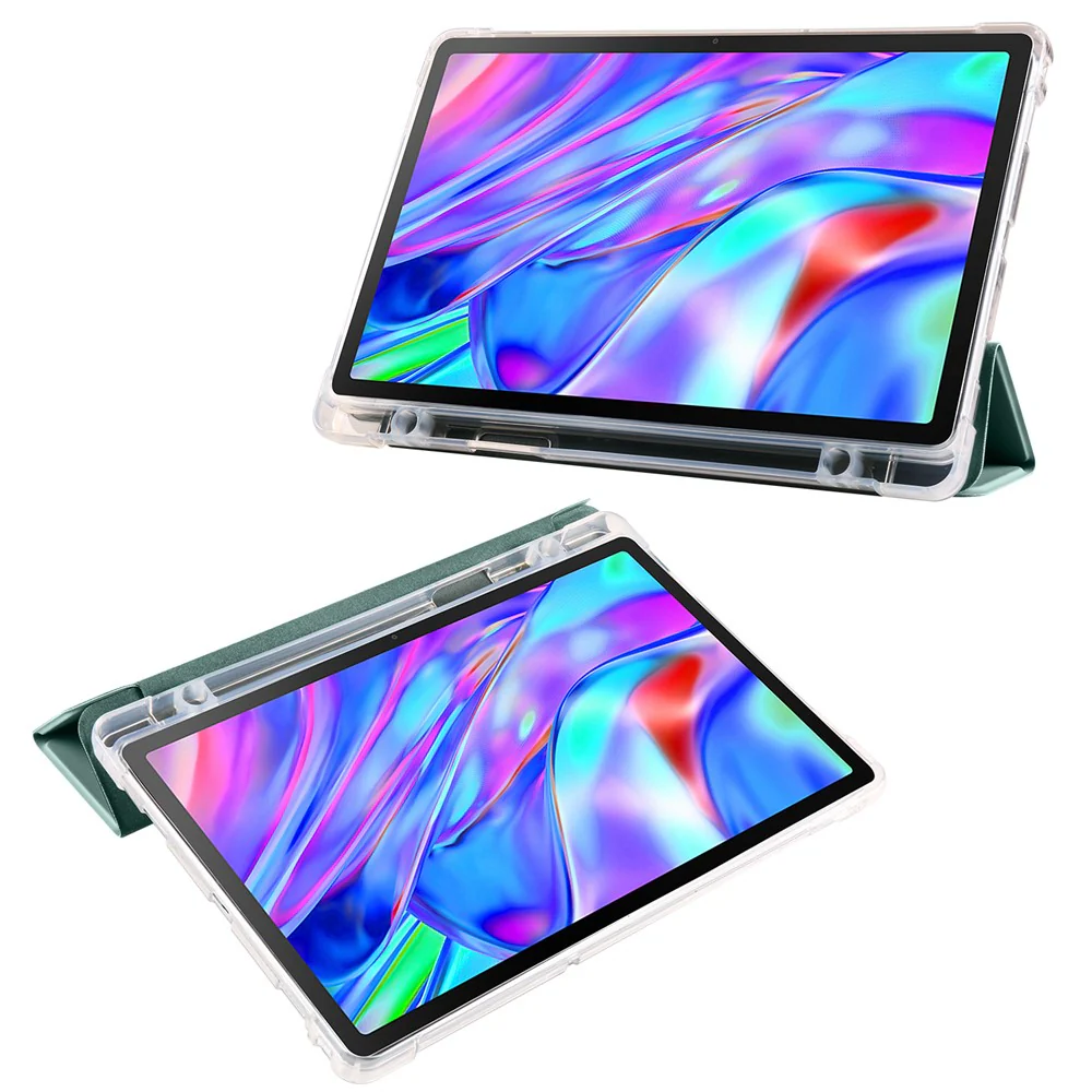 For Lenovo Tab M10 Plus (3rd Gen) Tri-Fold Stand Tablet Case Transparent Back PU Leather Flip Cover with Pencil Holder - Midnight Green - Image 2