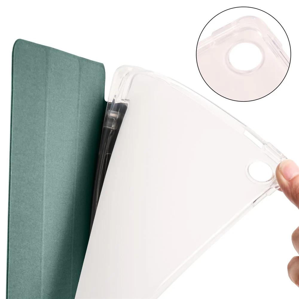 For Lenovo Tab M10 Plus (3rd Gen) Tri-Fold Stand Tablet Case Transparent Back PU Leather Flip Cover with Pencil Holder - Midnight Green - Image 5