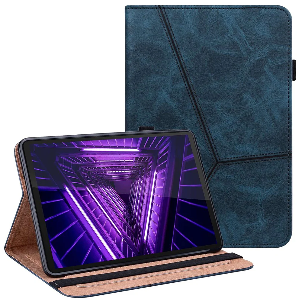 For Lenovo Tab M10 Plus (3rd Gen) / Xiaoxin Pad 2022 10.6 inch Line Imprinted PU Leather Card Holder Tablet Case with Elastic Band Closure - Blue